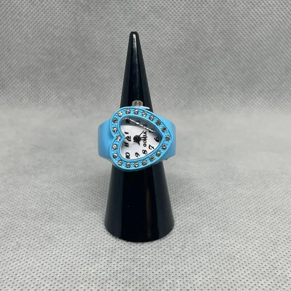 Retro Blue Enameled Stainless Steel Stretch Band Ring Watch With Rhinestones